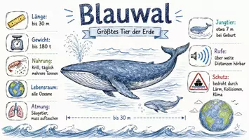Vorschau - Arbeitsblätter - AB mit Fragen zum Thema "Blauwal" + Lösungsblatt + Infografik - Seite 1