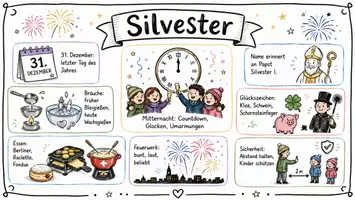 Vorschau - Arbeitsblätter - AB mit Fragen zum Thema "Silvester" + Lösungsblatt + Infografik - Seite 1