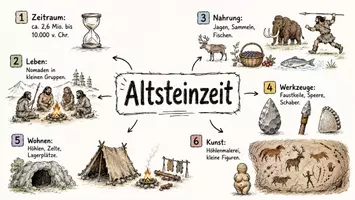Vorschau - Arbeitsblätter - AB mit Fragen zum Thema "Altsteinzeit" + Lösungsblatt + Mindmap + Infografik - Seite 1
