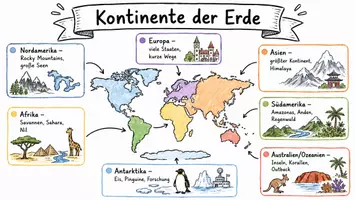 Vorschau - Arbeitsblätter - AB mit Fragen zum Thema "Kontinente" + Lösungsblatt + Infografik - Seite 1