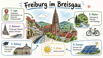 Vorschau - Arbeitsblätter - AB mit Fragen zum Thema "Freiburg im Breisgau" + Lösungsblatt + Infografik - Seite 1