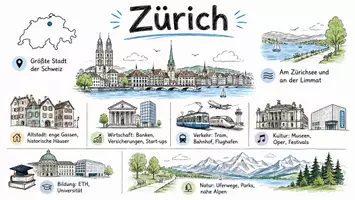 Vorschau - Arbeitsblätter - AB mit Fragen zum Thema "Zürich" + Lösungsblatt + Infografik - Seite 1