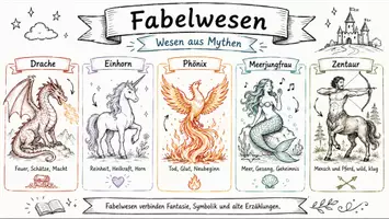 Vorschau - Arbeitsblätter - AB mit Fragen zum Thema "Fabelwesen" + Lösungsblatt + Mindmap + Infografik - Seite 1