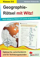 Vorschau - Arbeitsblätter - Geographie-Rätsel mit Witz 5.-8. Schuljahr | Städte, Flüsse, Gebirge, Länder, Hauptstädte, Atlasarbeit, Kreuzworträtsel, Anagramme | Erdkunde Sekundarstufe I Klasse 5-8 Lösungen - Deckblatt