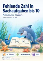 Vorschau - Arbeitsblätter - Fehlende Zahl in Sachaufgaben bis 10 | Mathematik Klasse 1 | 7 Arbeitsblätter als PDF - Deckblatt