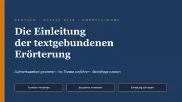 Vorschau - Stundenentwürfe - Die Einleitung der textgebundenen Erörterung – Doppelstunde Klasse 9/10 (PPT, Arbeitsblatt, Lösungen, Verlaufsplan) - Seite 1