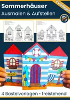 Vorschau - Mal- und Bastelvorlagen - Sommer Bastelvorlagen | 4 freistehende Sommerhäuser zum Ausmalen & Aufstellen (3D-Effekt) - Deckblatt