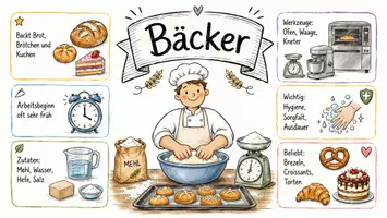 Vorschau - Arbeitsblätter - AB mit Fragen zum Thema "Bäcker" + Lösungsblatt + Mindmap + Infografik - Seite 1