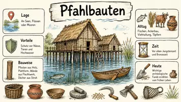 Vorschau - Arbeitsblätter - AB mit Fragen zum Thema "Pfahlbauten" + Lösungsblatt + Infografik - Seite 1