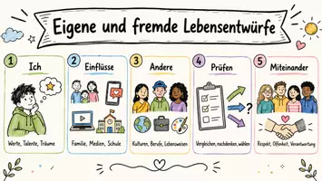 Vorschau - Arbeitsblätter - Arbeitsblatt "Eigene und fremde Lebensentwürfe" + interaktive Lösung & MP3 + Mindmap + Infografik - Seite 1