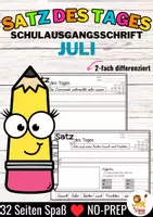 Vorschau - Stationenlernen - Sätze schreiben / Satz des Tages / Schüttelsätze (Schulausgangsschrift) schreiben Sommer Sommerferien Juli - Deckblatt