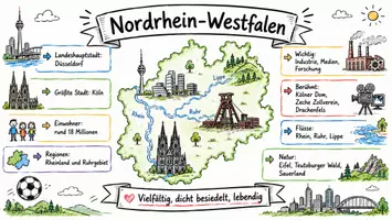 Vorschau - Arbeitsblätter - AB mit Fragen zum Thema "Nordrhein-Westfalen" + Lösungsblatt + Infografik - Seite 1