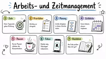 Vorschau - Arbeitsblätter - AB mit Fragen zum Thema "Arbeits- und Zeitmanagement" + Lösungsblatt + Mindmap + Infografik - Seite 1