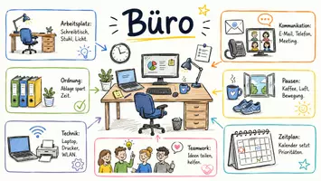 Vorschau - Arbeitsblätter - AB mit Fragen zum Thema "Büro" + Lösungsblatt + Mindmap + Infografik - Seite 1