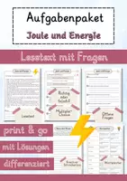 Vorschau - Arbeitsblätter - Joule und Energie Lesetext einfach verständlich mit Aufgaben + Lösungen und Wortspeicher Leseverstehen - Deckblatt