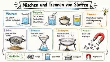 Vorschau - Arbeitsblätter - AB mit Fragen zum Thema "Mischen und Trennen von Stoffen" + Lösungsblatt + Infografik - Seite 1