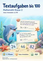Vorschau - Arbeitsblätter - Textaufgaben bis 100 | Mathematik Klasse 2 | 7 Arbeitsblätter als PDF - Deckblatt