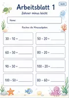 Vorschau - Arbeitsblätter - Minus mit Zehnerzahlen bis 100 | Mathematik Klasse 2 | 7 Arbeitsblätter als PDF - Seite 1