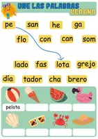 Vista previa - Hojas de trabajo - Une las palabras de Verano - Juego de lectoescritura (3 páginas) - página 1