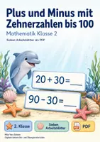 Vorschau - Arbeitsblätter - Plus und Minus mit Zehnerzahlen bis 100 | Mathematik Klasse 2 | 7 Arbeitsblätter als PDF - Deckblatt