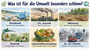 Vorschau - Arbeitsblätter - Arbeitsblätter zum Thema "Was ist für die Umwelt besonders schlimm?" + Lösung & MP3 + Mindmap + Infografiken - Seite 1