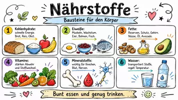 Vorschau - Arbeitsblätter - AB mit Fragen zum Thema "Nährstoffe" + Lösungsblatt + Mindmap + Infografik - Seite 1