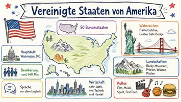 Vorschau - Arbeitsblätter - AB mit Fragen zum Thema "Vereinigte Staaten von Amerika" + Lösungsblatt + Infografik - Seite 1