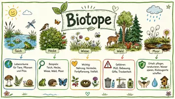 Vorschau - Arbeitsblätter - AB mit Fragen zum Thema "Biotope" + Lösungsblatt + Mindmap + Infografik - Seite 1