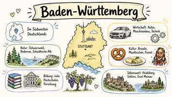 Vorschau - Arbeitsblätter - AB mit Fragen zum Thema "Baden-Württemberg" + Lösungsblatt + Infografik - Seite 1