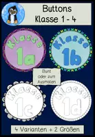 Vorschau - Mal- und Bastelvorlagen - Buttons Klassenname – Klasse 1a bis 4d | 4 Vorlagen zum Ausmalen & Basteln - Deckblatt