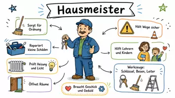 Vorschau - Arbeitsblätter - AB mit Fragen zum Thema "Hausmeister" + Lösungsblatt + Mindmap + Infografik - Seite 1