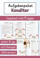Vorschau - Arbeitsblätter - Konditor Lesetext einfach verständlich mit Aufgaben + Lösungen und Wortspeicher Leseverstehen - Deckblatt