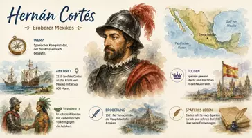 Vorschau - Arbeitsblätter - AB mit Fragen zum Thema "Hernán Cortés" + Lösungsblatt + Infografik - Seite 1
