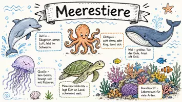 Vorschau - Arbeitsblätter - AB mit Fragen zum Thema "Meerestiere" + Lösungsblatt + Infografik - Seite 1