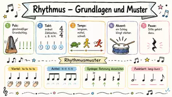 Vorschau - Arbeitsblätter - Arbeitsblatt "Rhythmus - Grundlagen und verschiedene Rhythmusmuster" + interaktive Lösung & MP3 + Infografik - Seite 1
