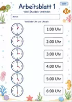 Vorschau - Arbeitsblätter - Uhrzeiten verbinden | Mathematik Klasse 2 | 7 Arbeitsblätter als PDF - Seite 1