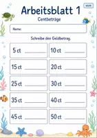 Vorschau - Arbeitsblätter - Euro und Cent | Mathematik Klasse 2 | 7 Arbeitsblätter als PDF - Seite 1