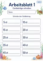 Vorschau - Arbeitsblätter - Geldbeträge schreiben | Mathematik Klasse 2 | 7 Arbeitsblätter als PDF - Seite 1