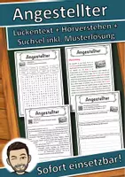 Vorschau - Unterrichtsreihen - Angestellter Lückentext mit Wortspeicher Hörverstehen und Suchsel - Deckblatt