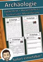 Vorschau - Unterrichtsreihen - Archäologie Lückentext mit Wortspeicher Hörverstehen und Suchsel - Deckblatt