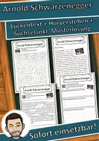 Vorschau - Unterrichtsreihen - Arnold Schwarzenegger Lückentext mit Wortspeicher Hörverstehen und Suchsel - Deckblatt