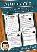 Vorschau - Unterrichtsreihen - Astronomie Lückentext mit Wortspeicher Hörverstehen und Suchsel - Deckblatt