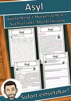Vorschau - Unterrichtsreihen - Asyl Lückentext mit Wortspeicher Hörverstehen und Suchsel - Deckblatt