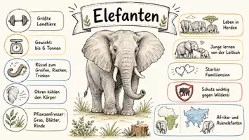 Vorschau - Arbeitsblätter - Arbeitsblatt zum Thema "Elefanten" + Onlineübung & MP3 + Mindmap + Infografik - Seite 1