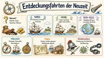 Vorschau - Arbeitsblätter - Arbeitsblatt "Neue Horizonte, Alte Fehler: Entdeckungsfahrten der Neuzeit" + interaktive Lösung & MP3 + Mindmap + Infografik - Seite 1
