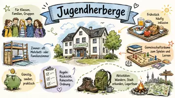 Vorschau - Arbeitsblätter - AB mit Fragen zum Thema "Jugendherberge" + Lösungsblatt + Infografik - Seite 1