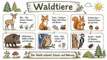Vorschau - Arbeitsblätter - AB mit Fragen zum Thema "Waldtiere" + Lösungsblatt + Infografik - Seite 1