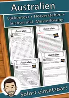 Vorschau - Unterrichtsreihen - Australien Lückentext mit Wortspeicher Hörverstehen und Suchsel - Deckblatt