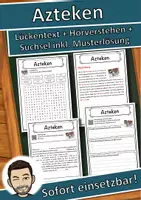 Vorschau - Unterrichtsreihen - Azteken Lückentext mit Wortspeicher Hörverstehen und Suchsel - Deckblatt