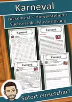 Vorschau - Unterrichtsreihen - Karneval Lückentext mit Wortspeicher Hörverstehen und Suchsel - Deckblatt